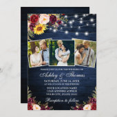 Rustikale Mixed Floral 3 Foto Lights Wood Wedding Einladung (Vorne/Hinten)