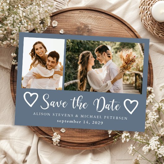 Rustikale moderne 2 Foto staubblaue Hochzeit  Save The Date