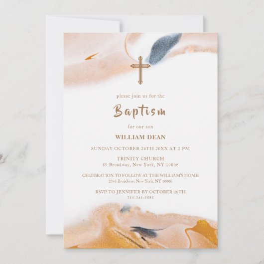 Rustikale moderne Abstrakte Wasserfarben Kreuztauf Einladung (Vorderseite)