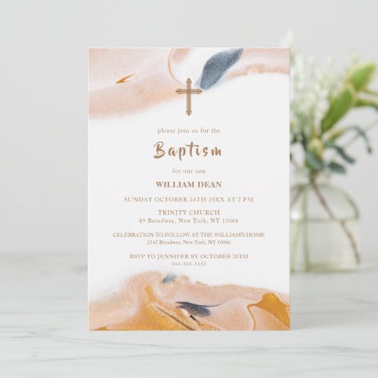 Rustikale moderne Abstrakte Wasserfarben Kreuztauf Einladung (Stehend Vorderseite)