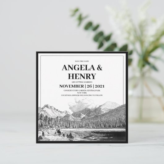 Rustikale, moderne Berglandschaft Save the Date Einladung (Stehend Vorderseite)
