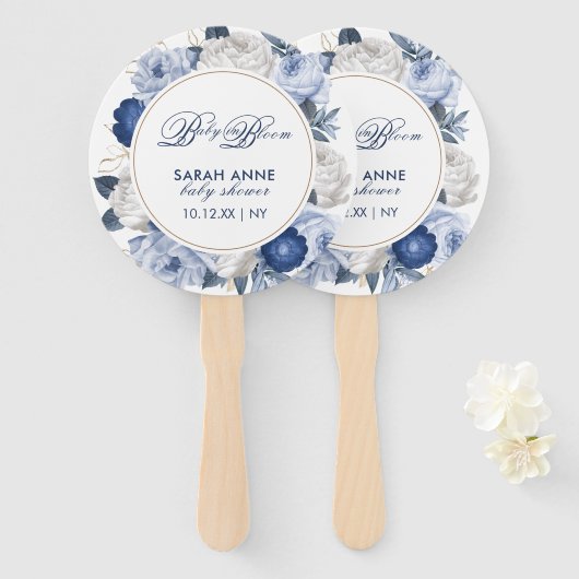 Rustikale moderne Blue & White Blume Babydusche Fächer (Vorne und Hinten)