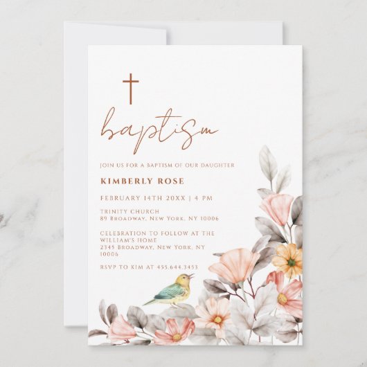 Rustikale moderne Boho-Wildblume überquert Taufe Einladung (Vorderseite)