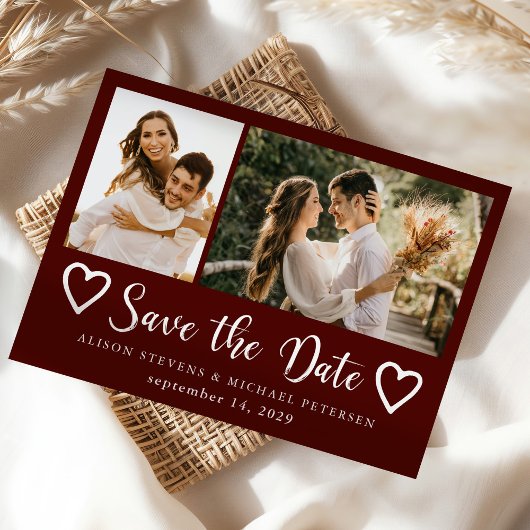 Rustikale moderne burgunderrote Hochzeit mit 2 Fot Save The Date