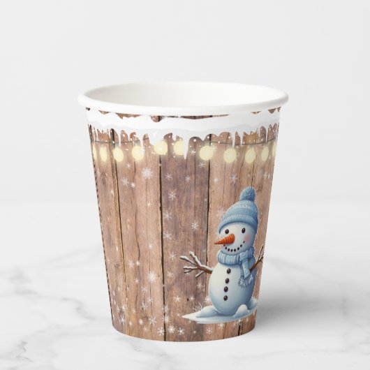 Rustikale moderne Elegant Blue Snowman Baby Dusche Pappbecher (Vorderseite)