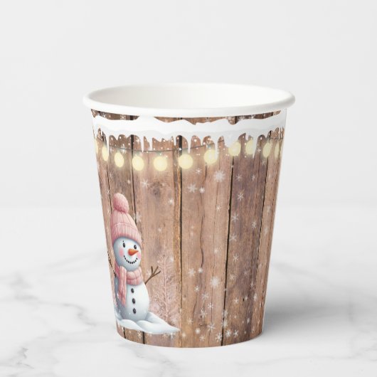 Rustikale moderne Elegant Snowman Baby Dusche Pappbecher (Rückseite)