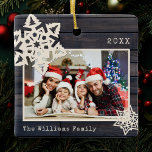 Rustikale moderne Foto DIY Snowflake Familienname  Keramikornament<br><div class="desc">Cute foto ceramic ornament with rustic modern papercut snowflakes and your own custom family name and year on farmhouse style dark wood panel backdrop. Wir sind Freunde von Papercut-Snowflake.</div>