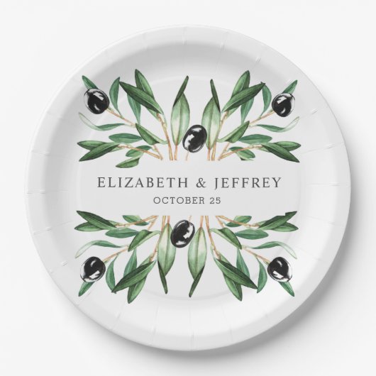 Rustikale, moderne geometrische Olivenzweige Hochz Pappteller (Vorderseite)