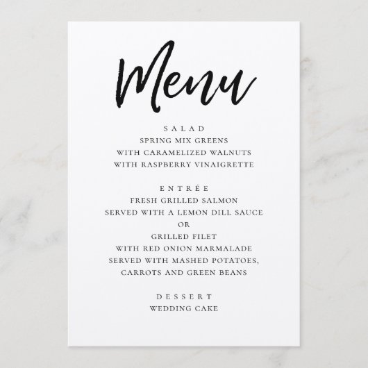 Rustikale moderne Hochzeit. Länderskriptkalligrafi Menükarte (Vorderseite)