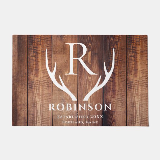 Rustikale, moderne Mit Monogramm Hirschantler-Holz Fußmatte (Vorderseite)