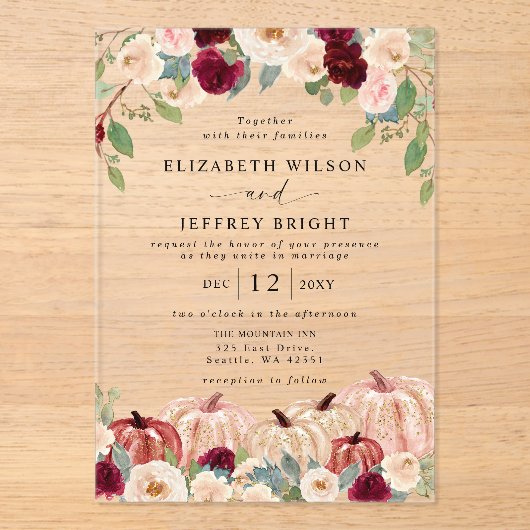 Rustikale moderne Pumpkins Land Hochzeit im Herbst Acryleinladungen (Vorderseite)