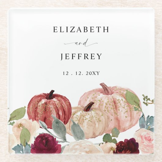 Rustikale moderne Pumpkins Land Hochzeit im Herbst Glasuntersetzer (Vorderseite)