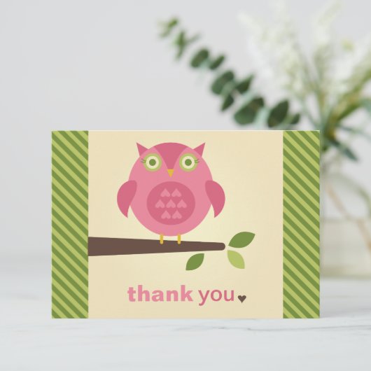 Rustikale, moderne rosa Eule auf Baumzweig Dankeskarte (Stehend Vorderseite)