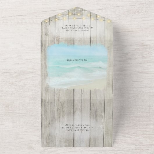 Rustikale moderne Script Beach Hochzeit All In One Einladung (Außenbereich)