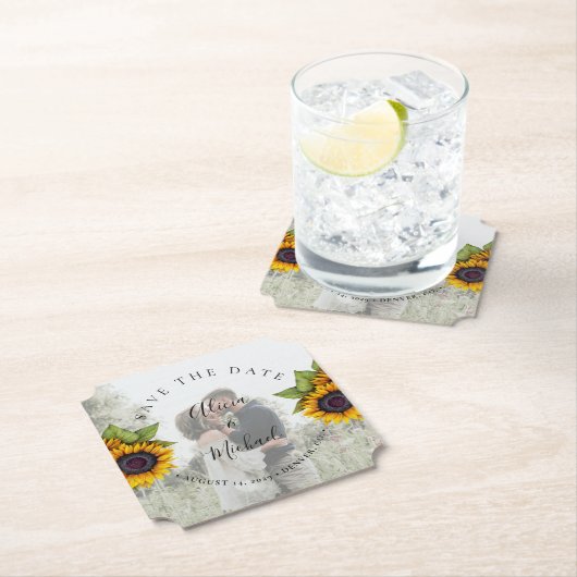 Rustikale moderne Sonnenblumen Foto Hochzeit rett Untersetzer (Vor Ort)