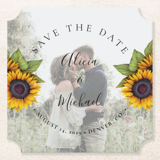 Rustikale moderne Sonnenblumen Foto Hochzeit rett  Untersetzer (Vorderseite)