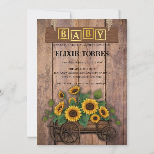 Rustikale moderne Sonnenblumenspülung Babydusche Einladung (Vorderseite)