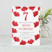 Rustikale Mohnblume 7. Geburtstag Wildblume Rote F Einladung (Stehend Vorderseite)