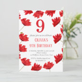 Rustikale Mohnblume 9. Geburtstag Wildblume Rote F Einladung (Stehend Vorderseite)