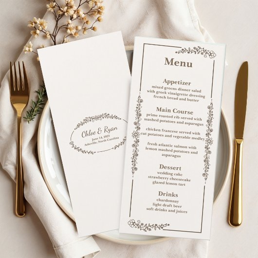 Rustikale Monchrome Floral Wedding Menükarte