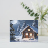 Rustikale Mondlicht Gemütliche Winterhütte Postkarte (Stehend Vorderseite)