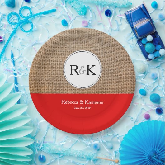 Rustikale Monogram Burlap und Red Wedding Pappteller (Party)