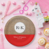 Rustikale Monogram Burlap und Red Wedding Pappteller (Party)