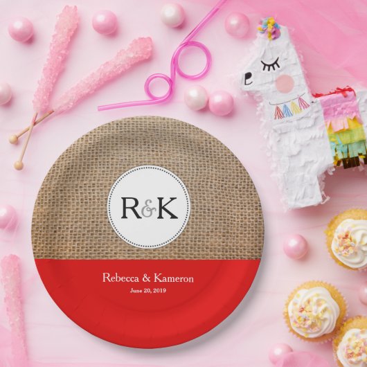 Rustikale Monogram Burlap und Red Wedding Pappteller (Party)