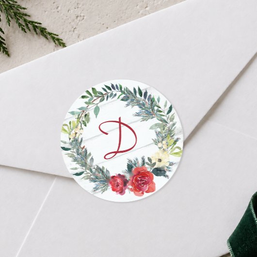 Rustikale Monogram Wasserfarbe Weihnachten Runder Aufkleber