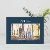 Rustikale Monogramm blaue Urlaubsfotokarte Feiertagskarte (Stehend Vorderseite)