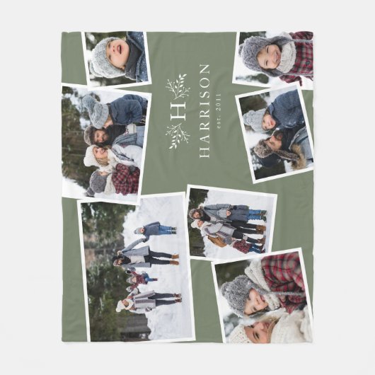 Rustikale Monogramm-Familienkollage 7 Foto Salbei Fleecedecke (Vorderseite)