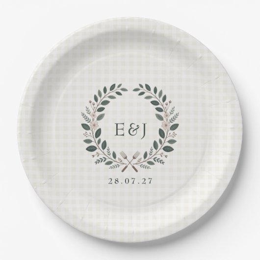 Rustikale Monogramm-I-Do-BBQ-Hochzeit Pappteller (Vorderseite)
