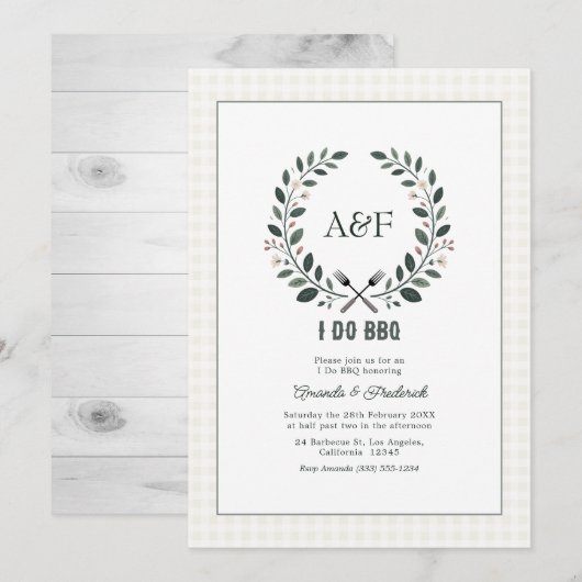 Rustikale Monogramm-Ich-mache-BBQ-Hochzeit Einladung (Vorne/Hinten)