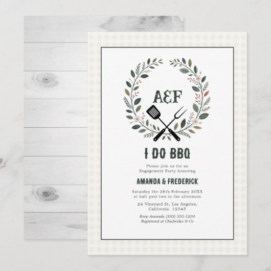 Rustikale Monogramm-Ich-mache-BBQ-Hochzeitsparty Einladung (Vorne/Hinten)