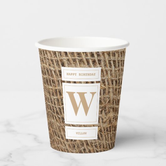 Rustikale Monogramm-Initiale aus Jute Pappbecher (Vorderseite)