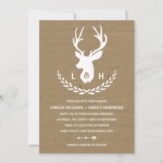 Rustikale Monogramm | Kraft Paper Stag Wedding Einladung (Vorderseite)