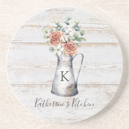 Rustikale Monogramm-Rose Eukalyptus-Baumwolle in e Getränkeuntersetzer (Vorne)