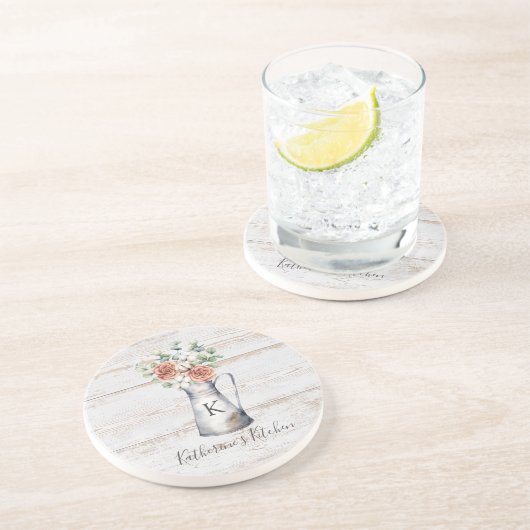 Rustikale Monogramm-Rose Eukalyptus-Baumwolle in e Getränkeuntersetzer (Seite)