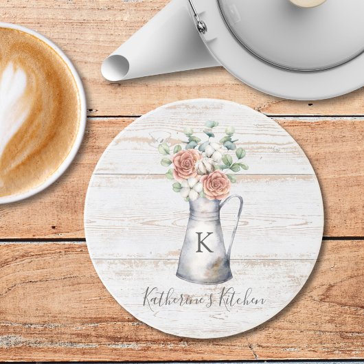 Rustikale Monogramm-Rose Eukalyptus-Baumwolle in e Getränkeuntersetzer