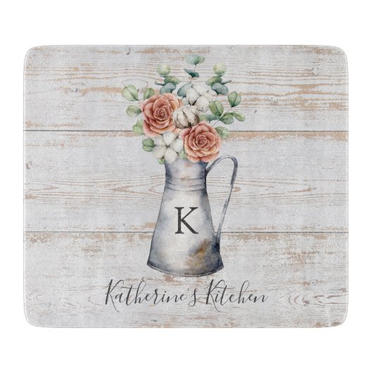 Rustikale Monogramm-Rose Eukalyptus-Baumwolle in e Schneidebrett (Vorderseite)