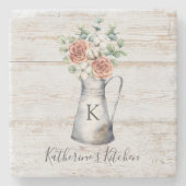 Rustikale Monogramm-Rose Eukalyptus-Baumwolle in e Steinuntersetzer (Vorderseite)