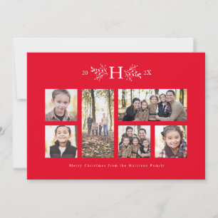 Rustikale Monogramm-Rot-Weihnachtsfotocollagekarte Feiertagskarte