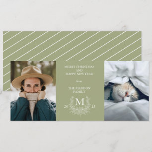 Rustikale Monogramm Sage Green Ferien Fotokarte Feiertagskarte