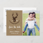 Rustikale Monogramm | Stag Foto Save the Date Ankündigungspostkarte (Vorne/Hinten)