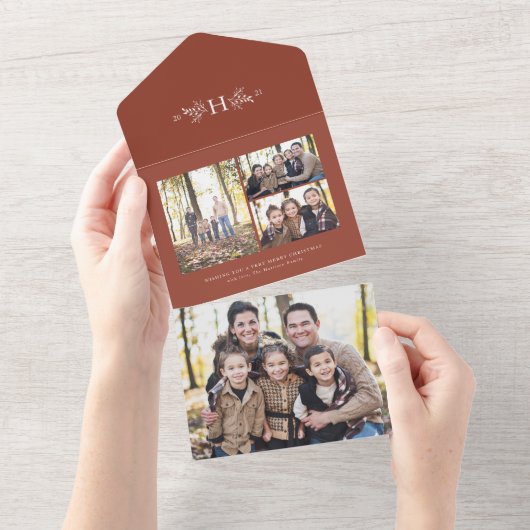 Rustikale Monogramm Terracotta Urlaub Foto Collage All In One Einladung (Abreißen)