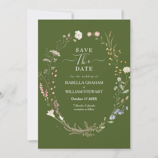 Rustikale Moss Green Boho Wildblume Save the Date Einladung (Vorderseite)