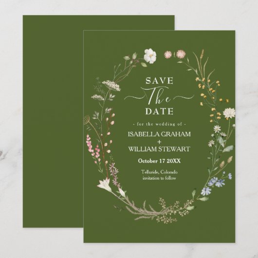 Rustikale Moss Green Boho Wildblume Save the Date Einladung (Vorne/Hinten)