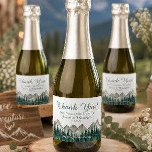 Rustikale Mountain & Pine Hochzeits-Dankeschön Min Schaumweinetikett
