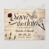 Rustikale Musiknoten für Hochzeiten Save the Date Ankündigungspostkarte (Vorderseite)
