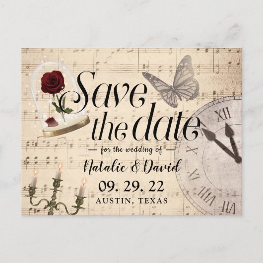 Rustikale Musiknoten für Hochzeiten Save the Date Ankündigungspostkarte (Vorderseite)